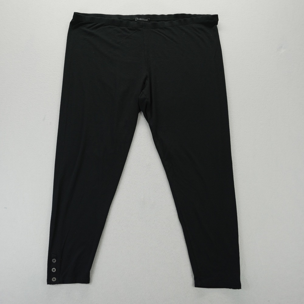 Eileen Fisher Black Cropped Leggings XL Button Hem Stretch Jersey Pants
